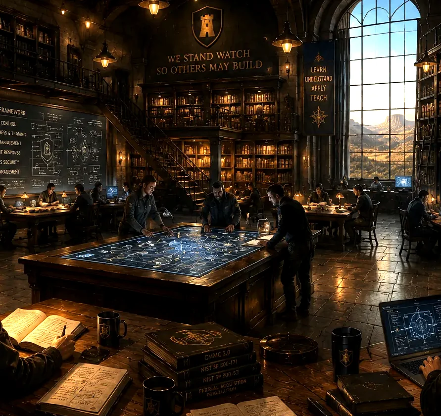 The StandFast knowledge room — practitioners around a lit map table beneath the banner WE STAND WATCH SO OTHERS MAY BUILD